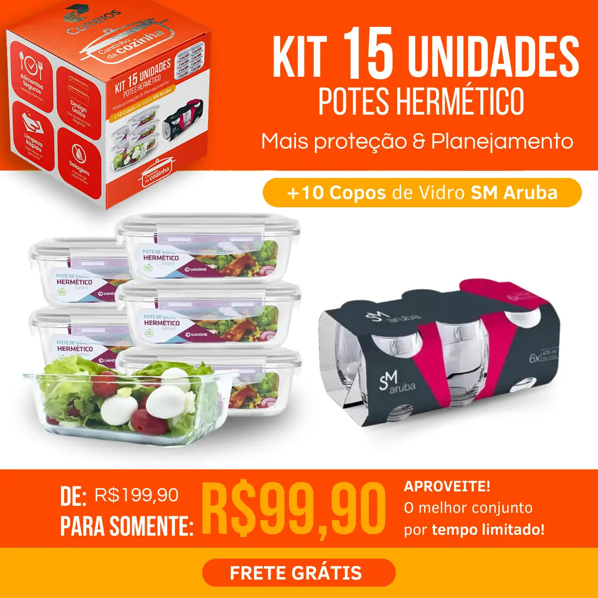 Kit com 15 Potes Herméticos de Vidro + 10 Copos de Vidro Aruba de Brinde